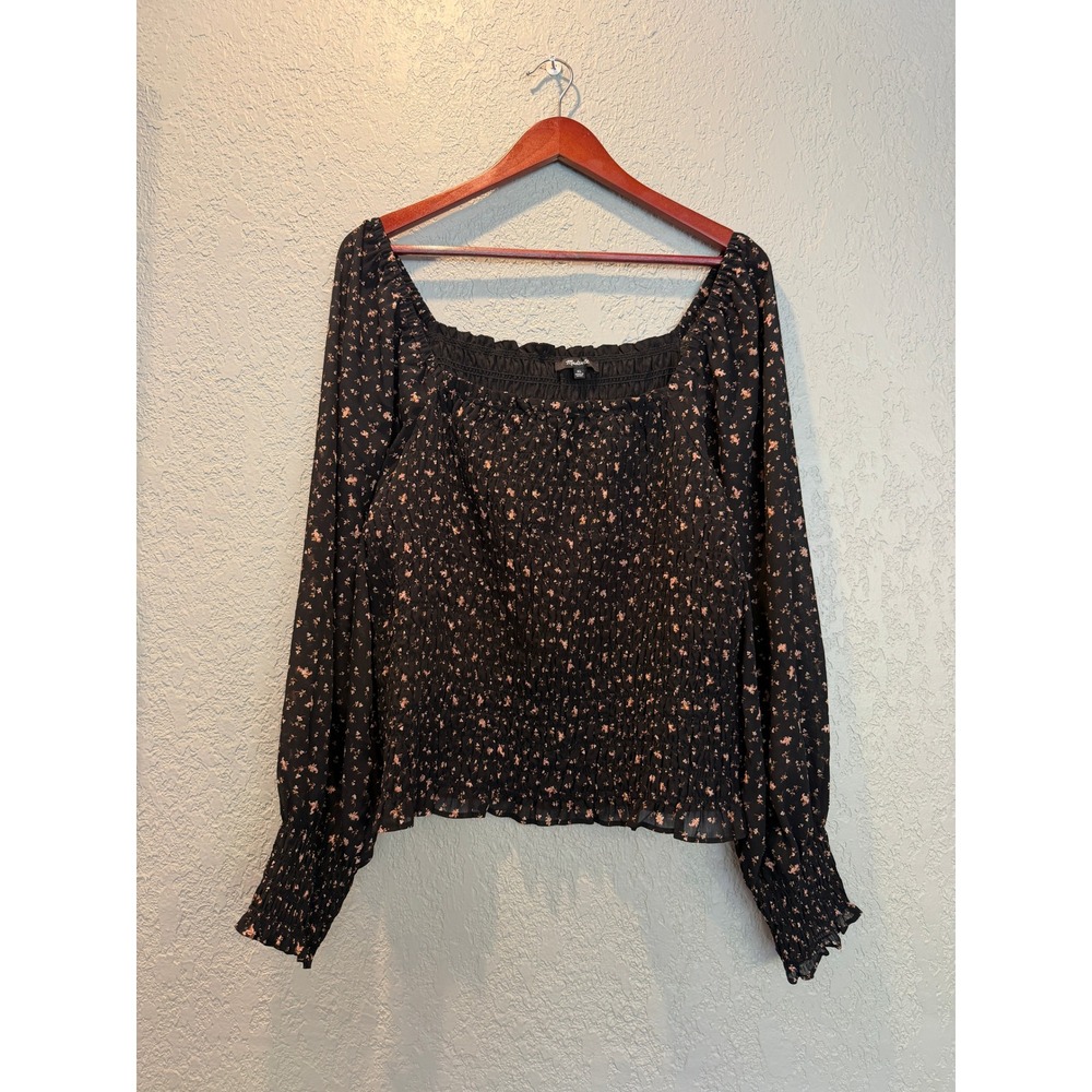 Madewell Smocked Floral Square Neck Balloon Sleeve Blouse XL Black Boho